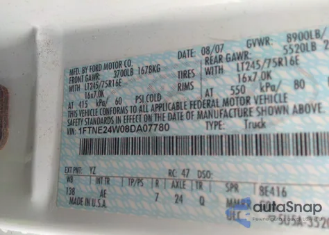 2008 Ford E-250 Recreational/Commercial z USA, uszkodzony, nr VIN 1FTNE24W08DA07780